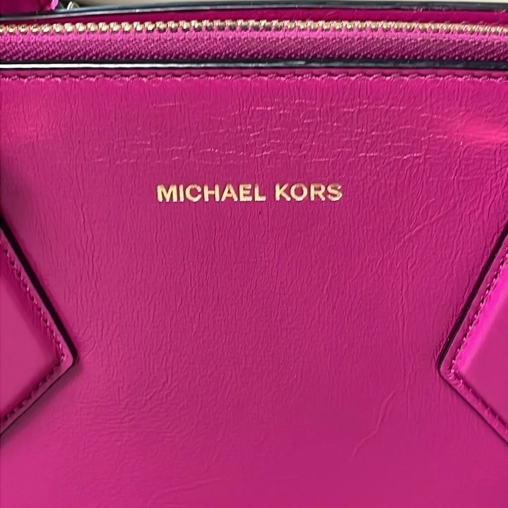 Michael Kors Collection Casey Large Leather Satchel Purse Padlock Bright Pink